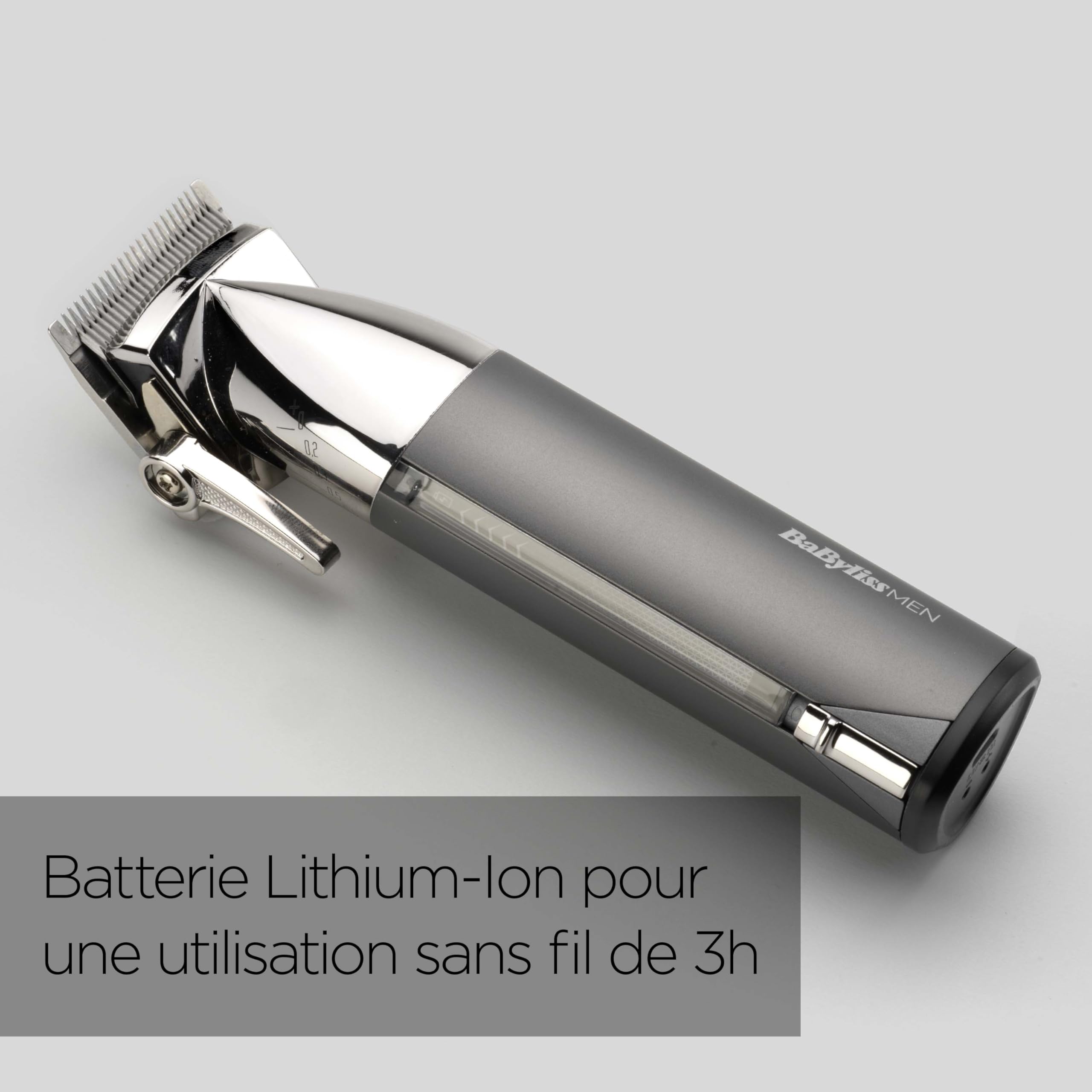 BaByliss Tondeuse cheveux sans fil Super-X Metal, Lames en acier japonais, 10 sabots, 2 sabots oreille, Batterie lithium, affichage digital, Poignée en métal, noir, E996E