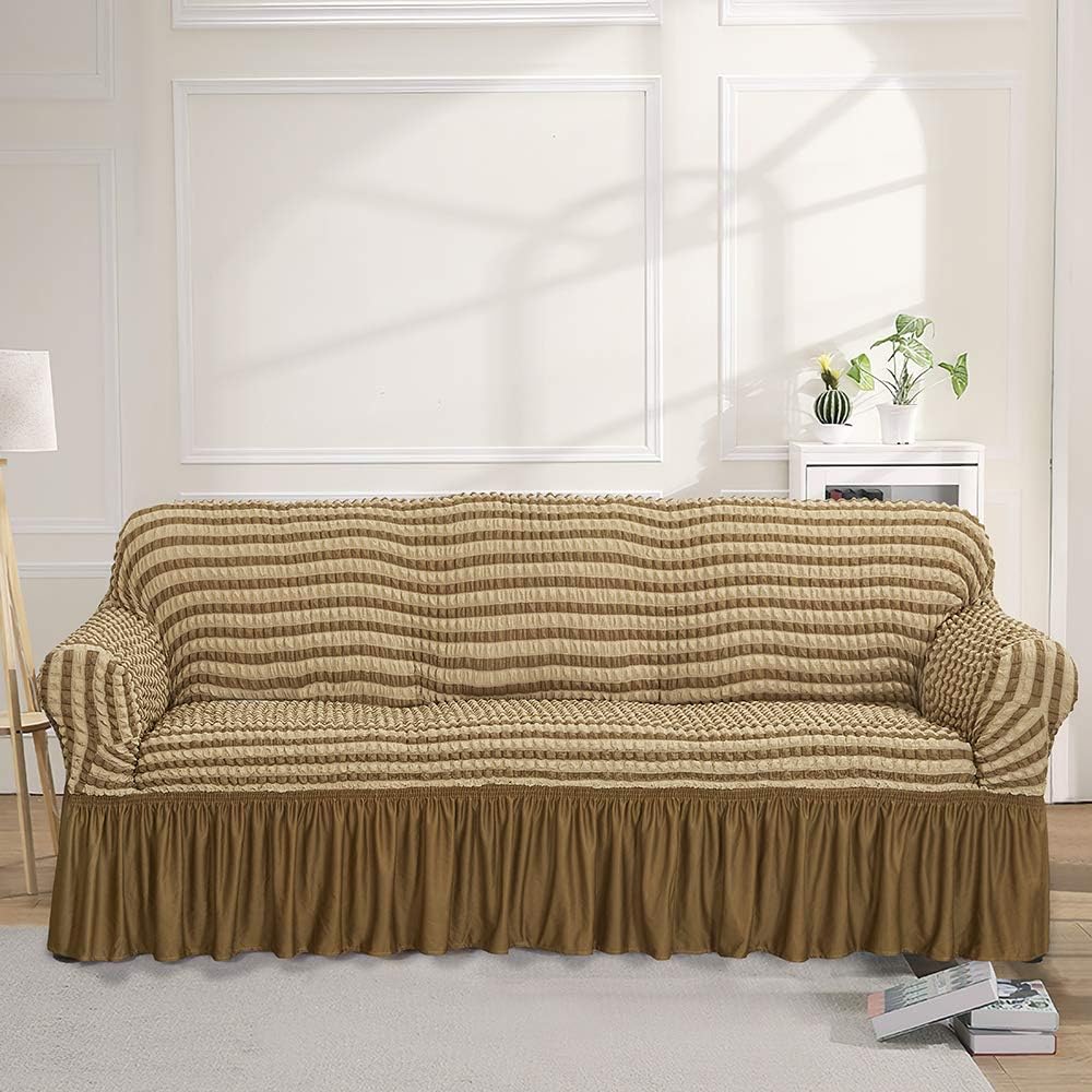 Boshen 3D Bubble Lattice Elegant Stretch Sofa Cover Loveseat Cover Couch Cover Spandex Elastic Sofa Slipcover Protector with Skirt 1 2 3 4 Seater (Sofa-L/74-90, Bicolor-Khaki)