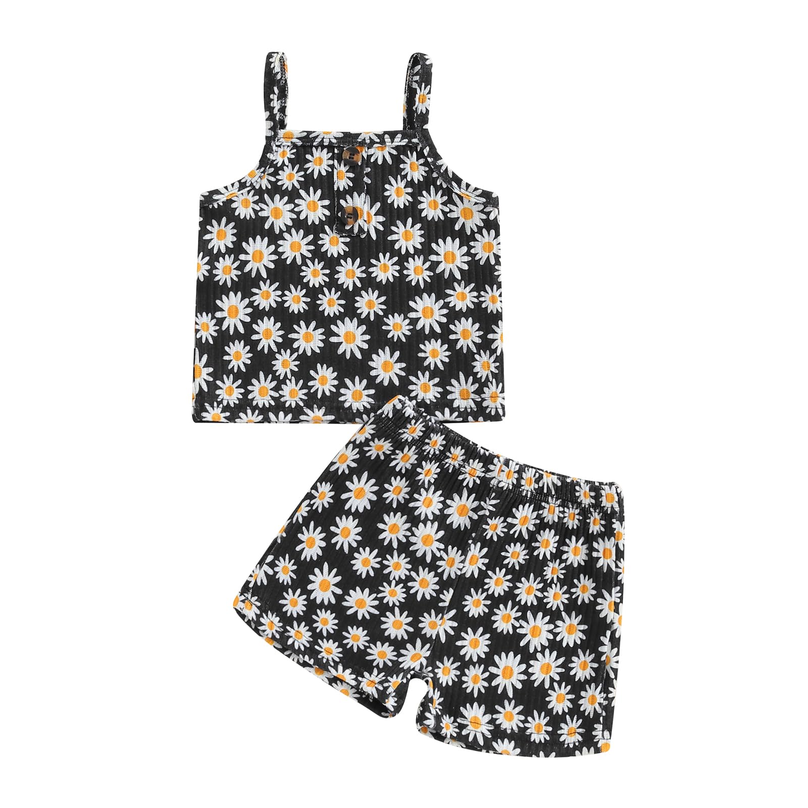 Rtnnsbbfcm Toddler Baby Girl Clothes Summer Outfit Sleeveless Daisy Print Knit Ribbed Strap Tank Top Shorts Set
