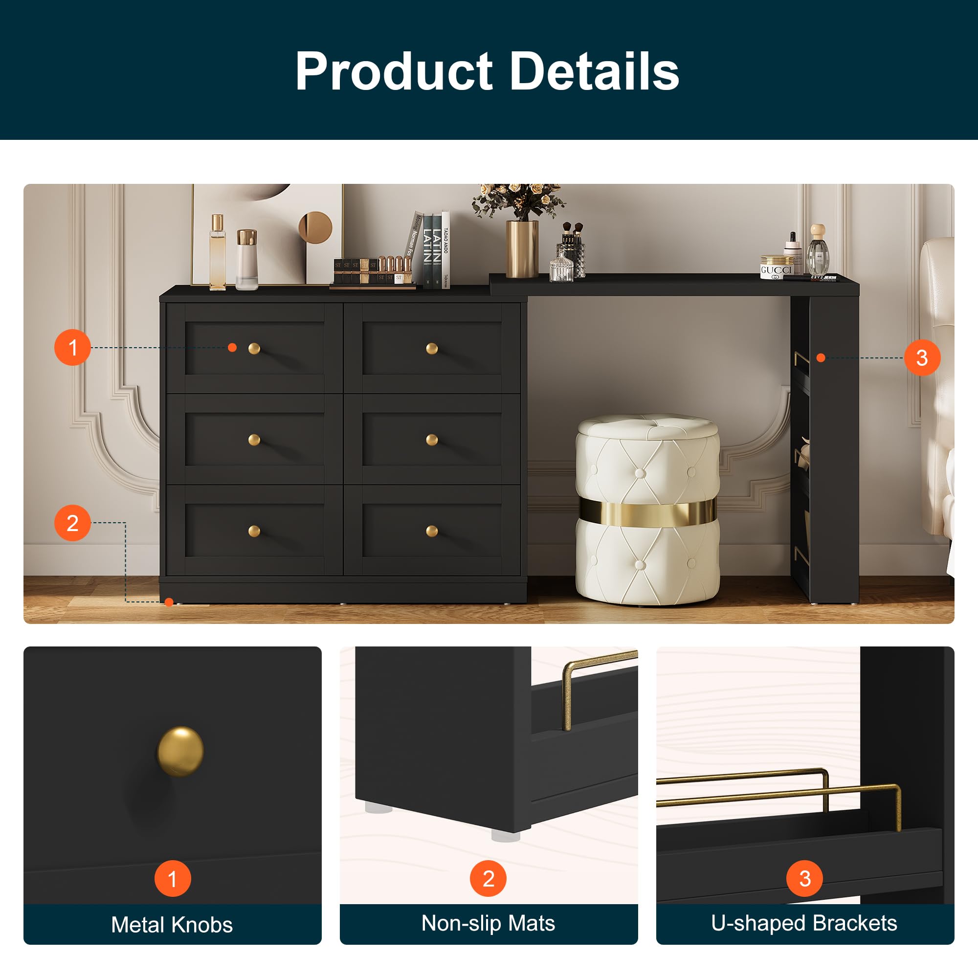 black dresser desk combo 32.7"H Rotating Dresser and Desk 6 Drawer Dresser Makeup Vanity White/Black - On Sale - Bed Bath & Beyond
