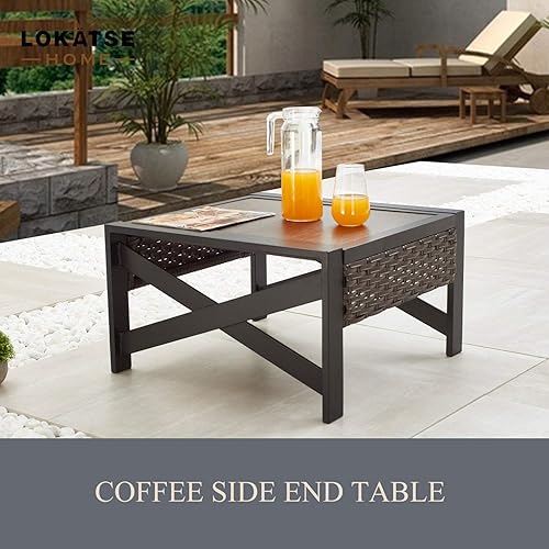 Miniatura 7 de LOKATSE HOME Patio de metal al aire libre Bistro café extremo X en forma de patas de acero, mimbre de ratán alrededor, mesa auxiliar, marrón