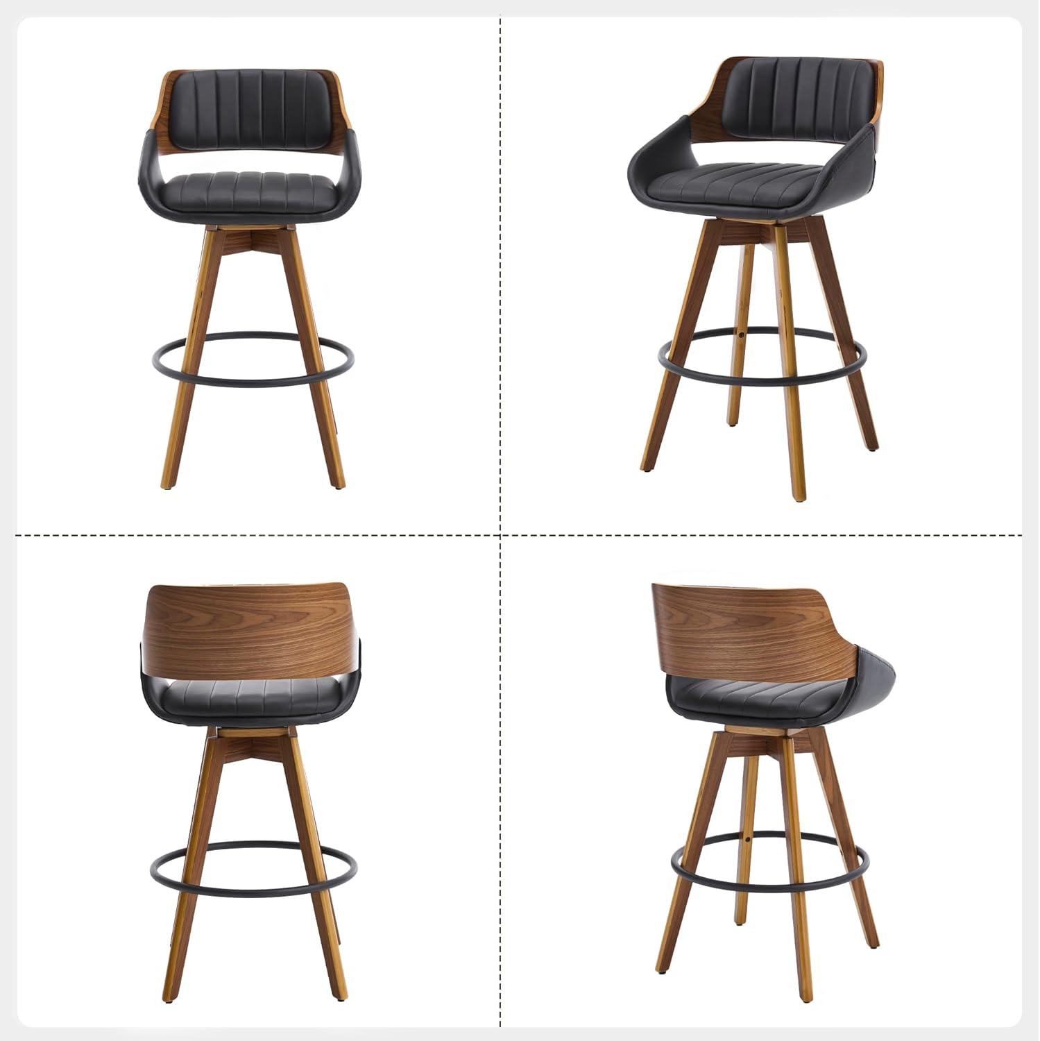 Swivel Bar Stools Set of 2, Walnut Counter Height Bar Stools with Back and Arms, 26" Modern Faux Leather Upholstered Bar Chairs for Kitchen Island Bar-Black