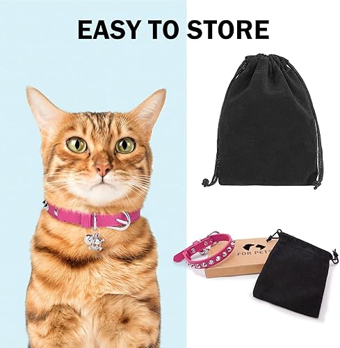 Miniatura 2 de DILLYBUD Collares de cuero para gatos con campana y cinturón elástico de seguridad, remaches personalizados, collar de hebilla segura ajustable con