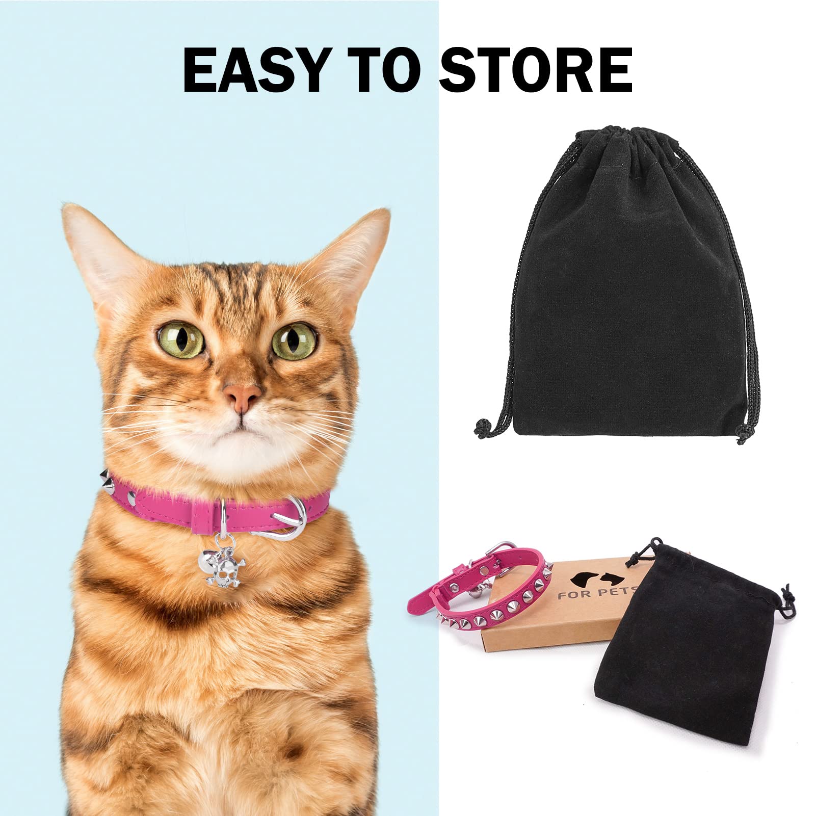 DILLYBUD Leather Cat Collars for Boy Girl Cats with Bell and Safety Elastic Belt - Image 2