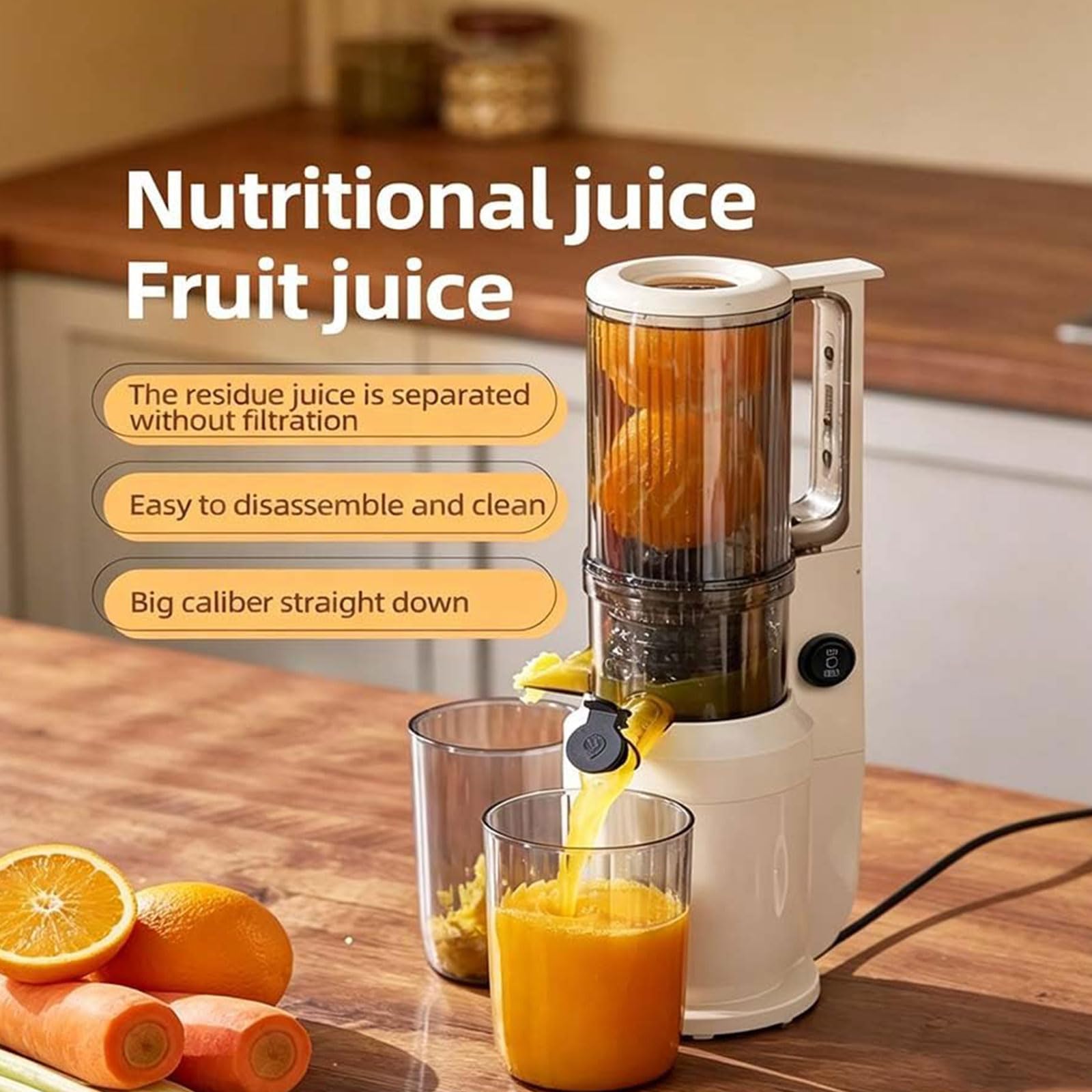 Extractor de Jugo Lento Eléctrico 200W, Exprimidor de Prensado en Frío con Entrada de 80 Mm, Filtro de Tiras y Alto Rendimiento de Jugo, Extractor de Prensado en Frío para Frutas y Verduras white