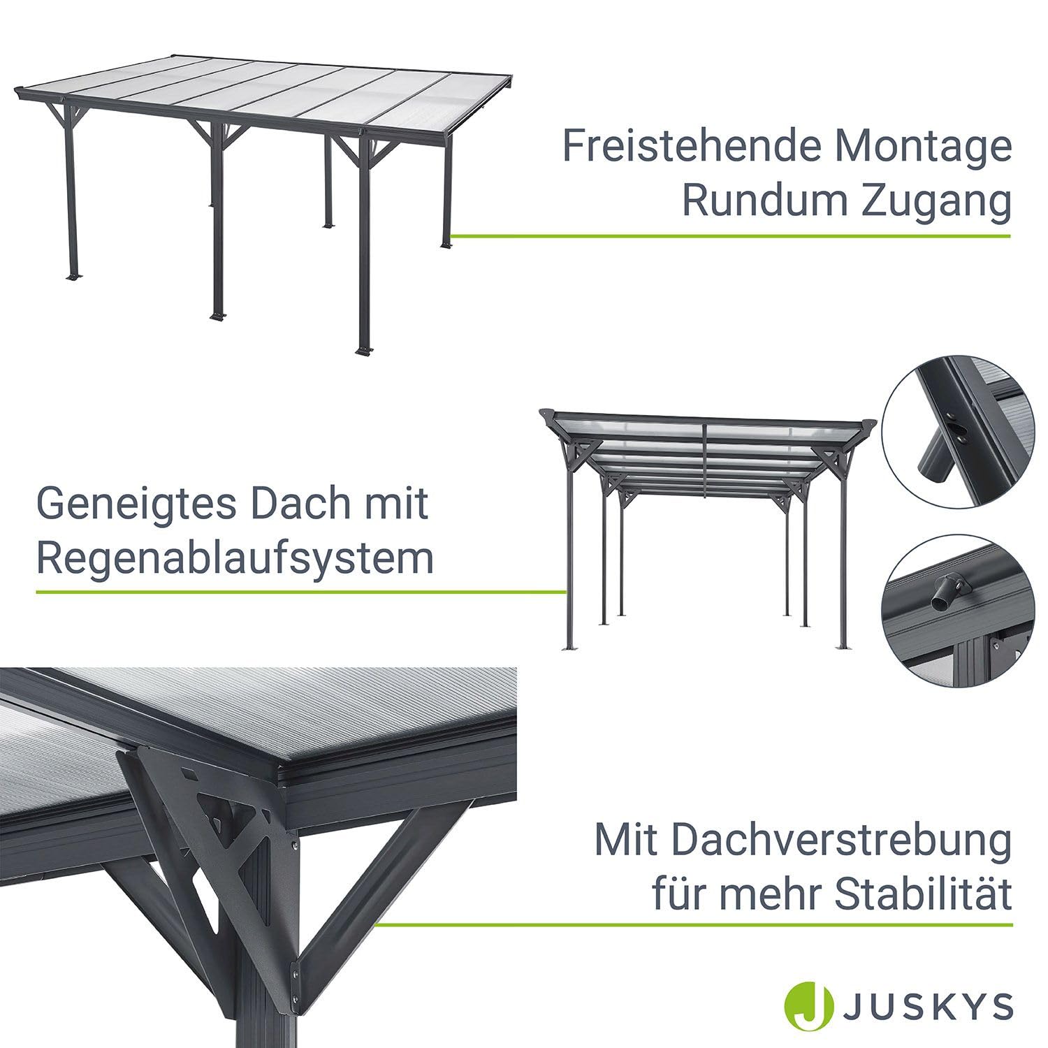 Juskys Carport mit Flachdach 5x3 m - Überdachung aus Aluminium mit Doppelstegplatten - Unterstand für Autos - freistehende Montage - Dunkelgrau
