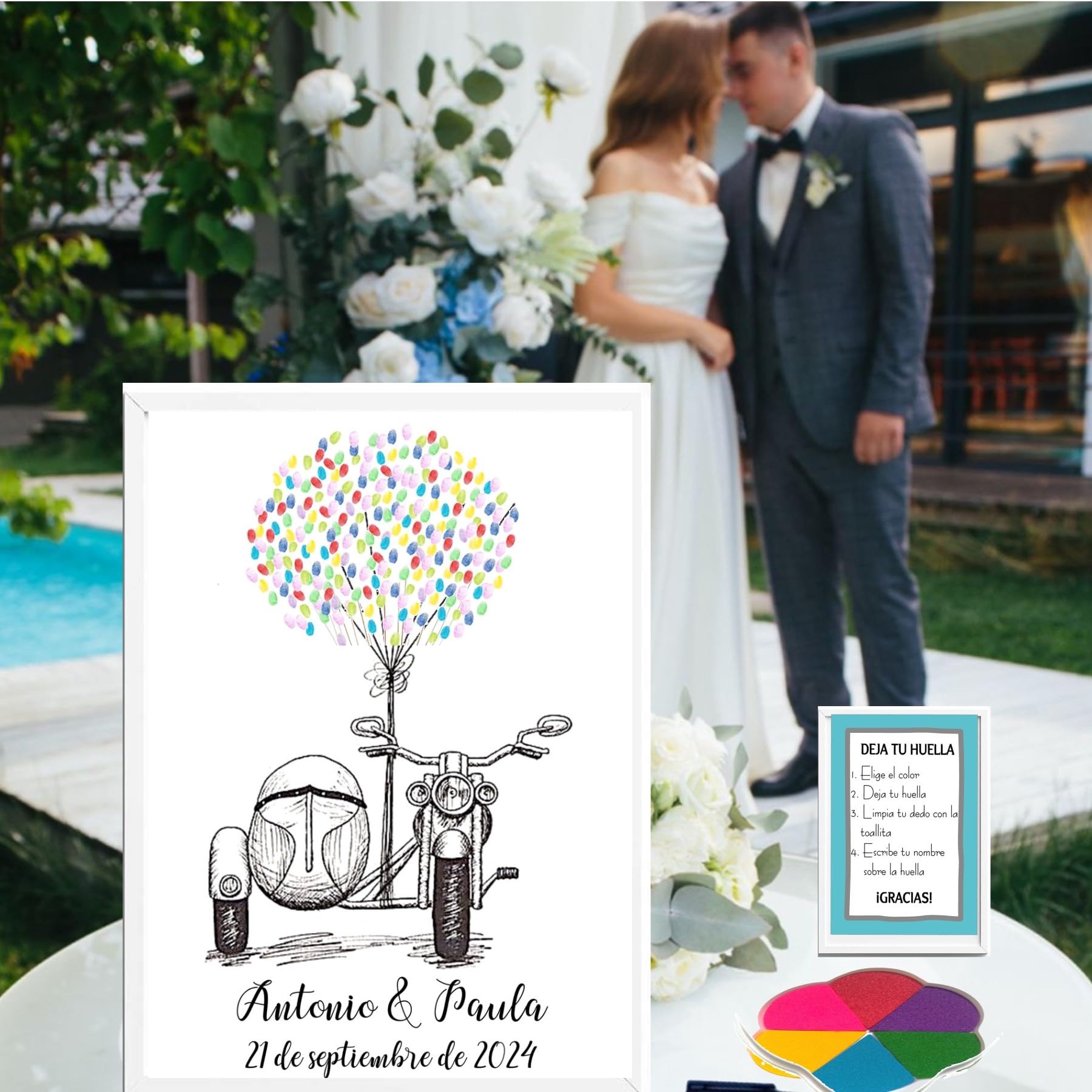 Libro Firmas Boda, Cuadro de Huellas Personalizado, Regalo Original para Novios, Incluye Marco de Madera 3 Colores, Tintas e Intrucciones. (Huellas Sidecar, 50 X 60 CM)