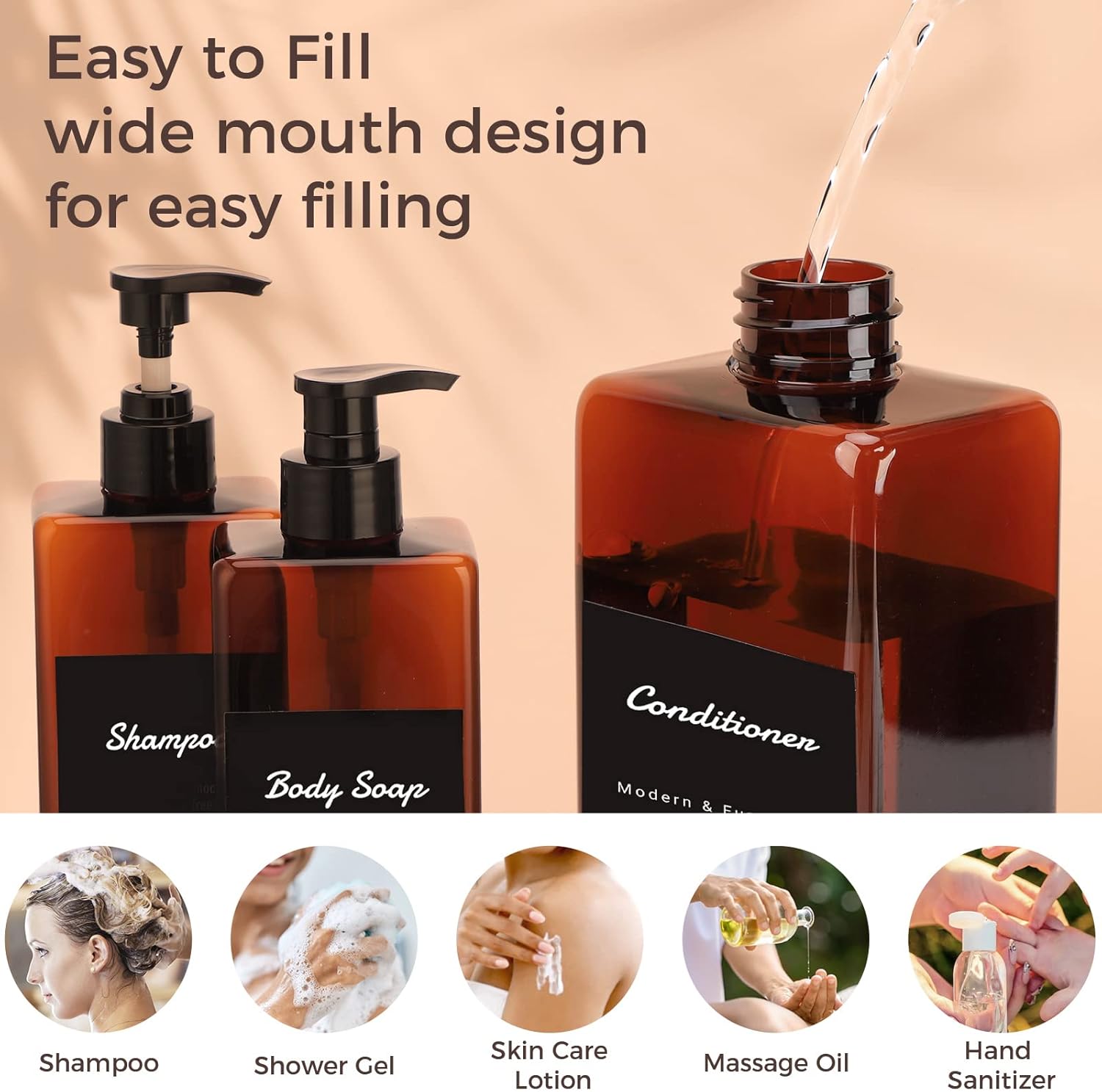 Suream Amber Shampoo and Conditioner Dispenser with Black Plastic Pump, 16.9oz Refillable Shower Bottle for Bathroom, Empty Container for Body Wash, Hand Soap, Lotion, Massage Oil - Image 4