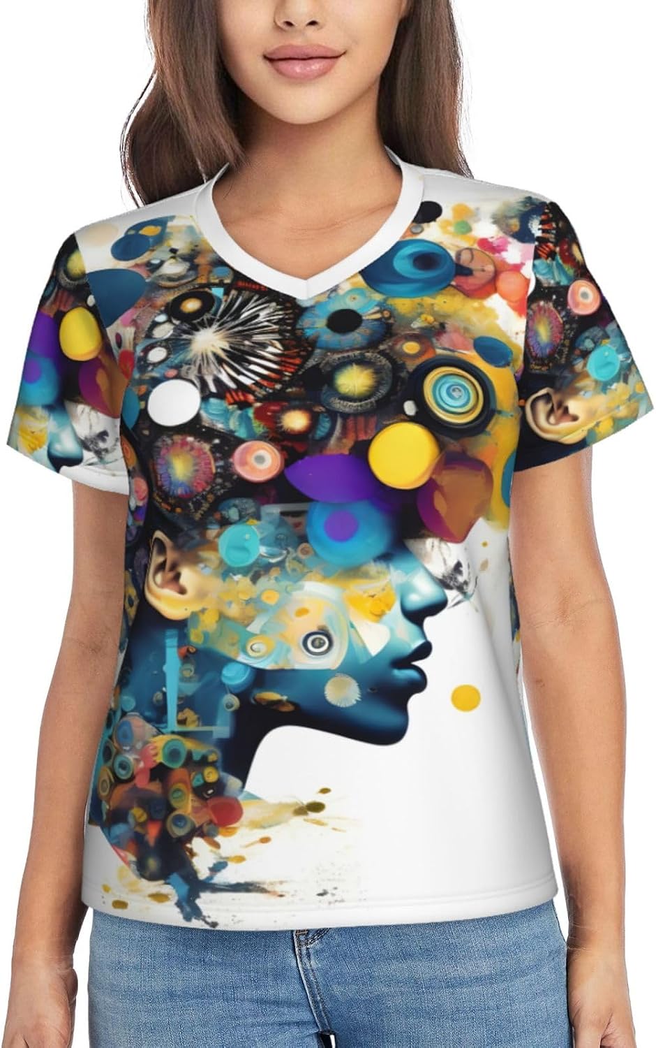 Women Casual Artificial Intelligence Brain Print V-Neck T-Shirt Short Sleeve Summer Trendy Tops.