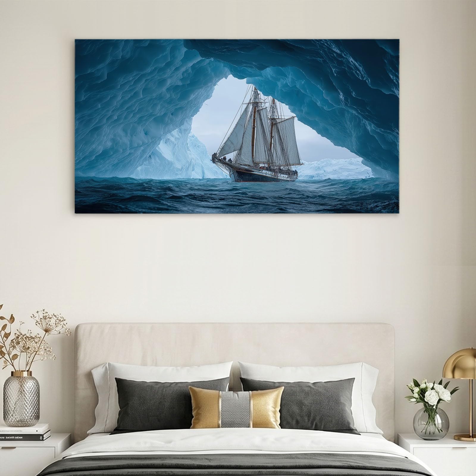 WTD - Lienzo decorativo para salón, diseño náutico, 70 x 50 cm, impresión artística para dormitorio, pasillo, oficina y cocina - velero glaciar océano iceberg azul