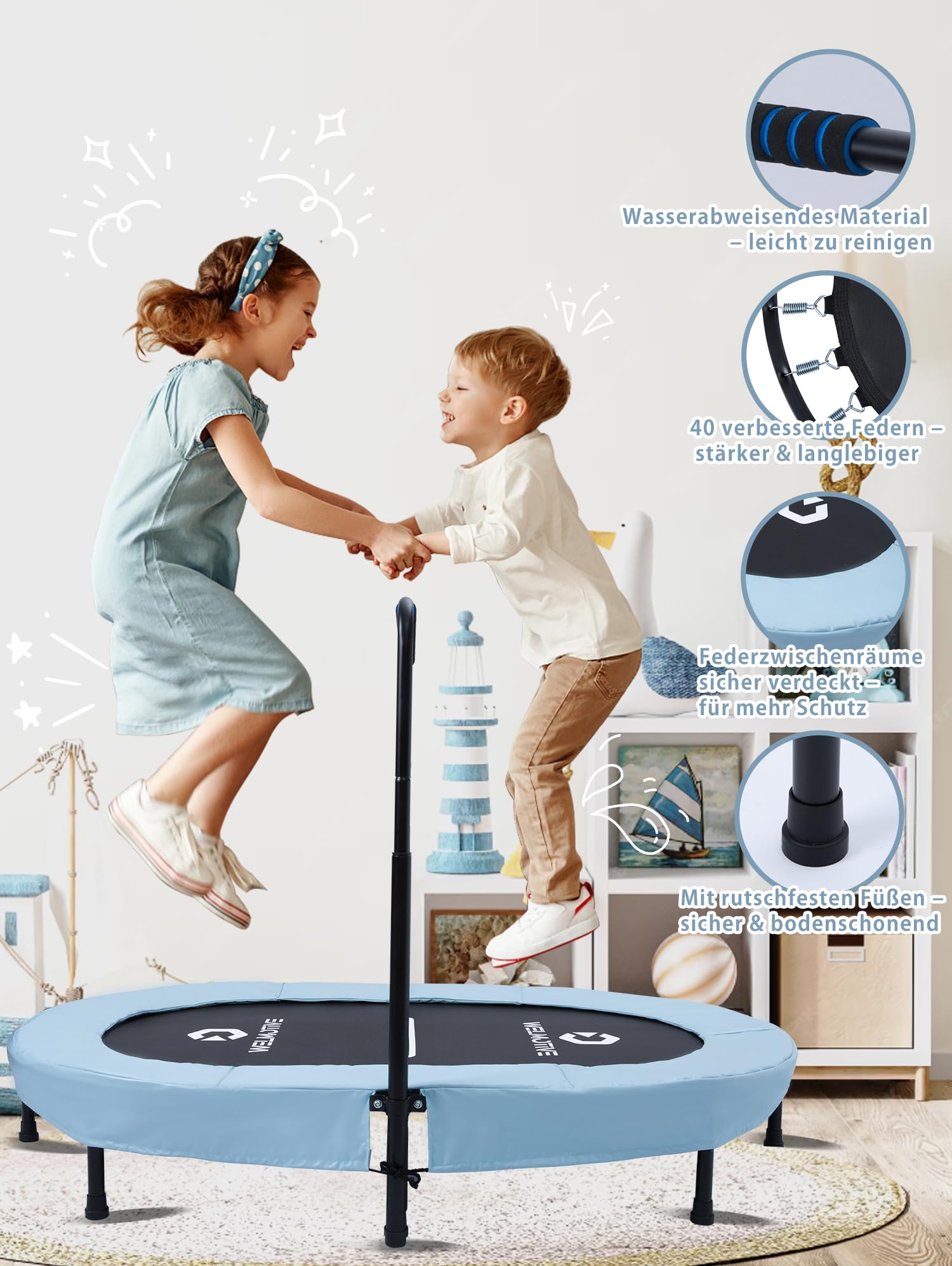 Ovales Indoor Trampolin für 2 Personen geräuscharm belastbar bis 150kg Ideal für Kinder & Erwachsene Fitness Muskelaufbau Gewichtskontrolle Sicher mit 40 Federn Geschenkidee