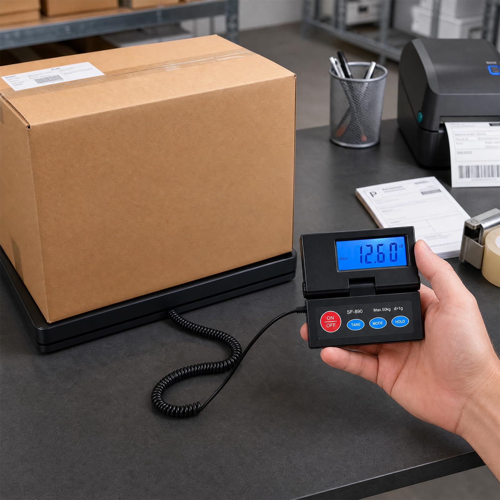 Bilancia per pacchi, 50 kg | D=2 g - Bilancia da piattaforma ad alta precisione, bilancia digitale per posta con display LCD esterno pieghevole, incl. batteria e cavo USB per pacchi/bagagli/ufficio