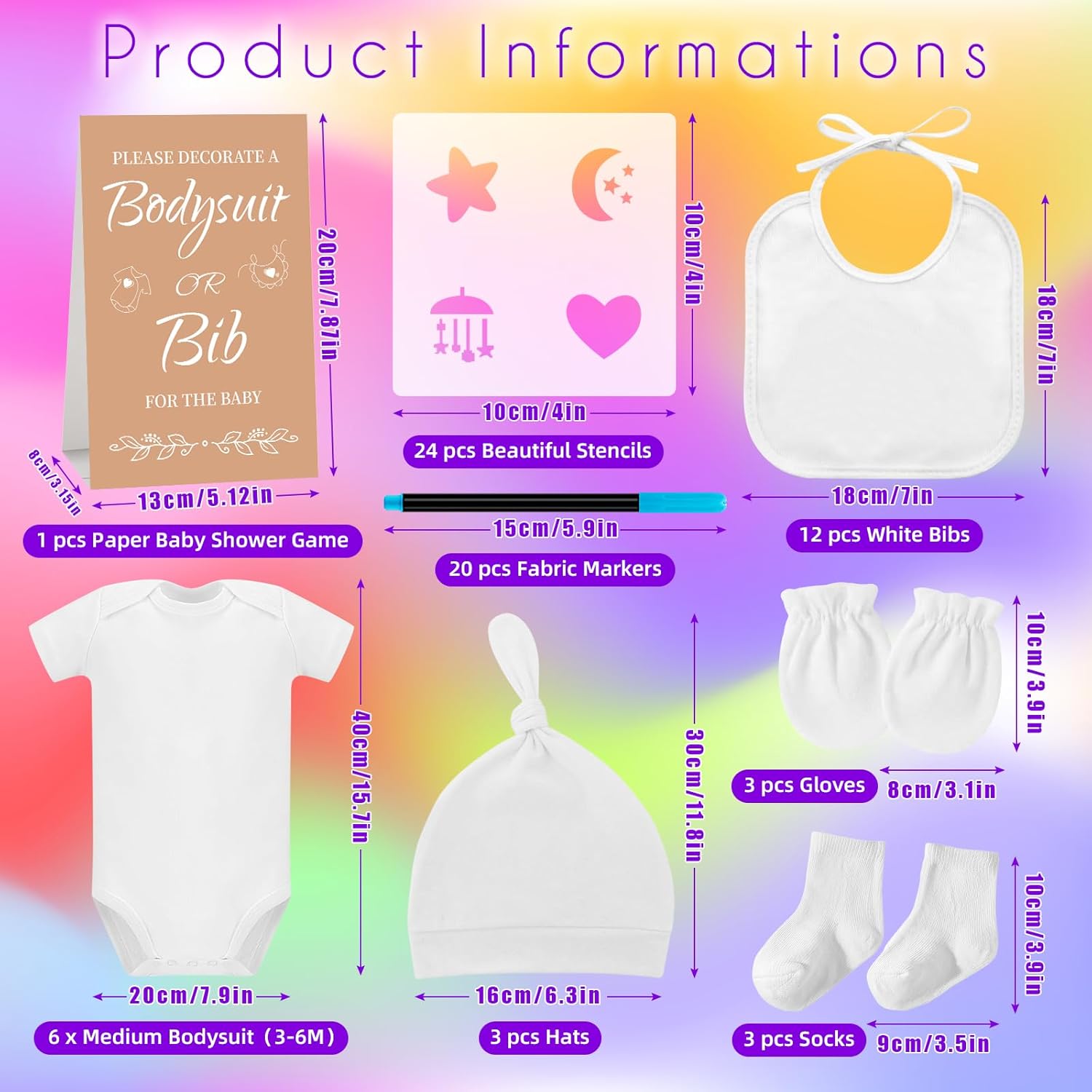 78PCS Baby Bib Bodysuit Baby Shower Set Baby Shower Game Sign Baby Feede Bib Newborn Bodysuit Fabric Marker