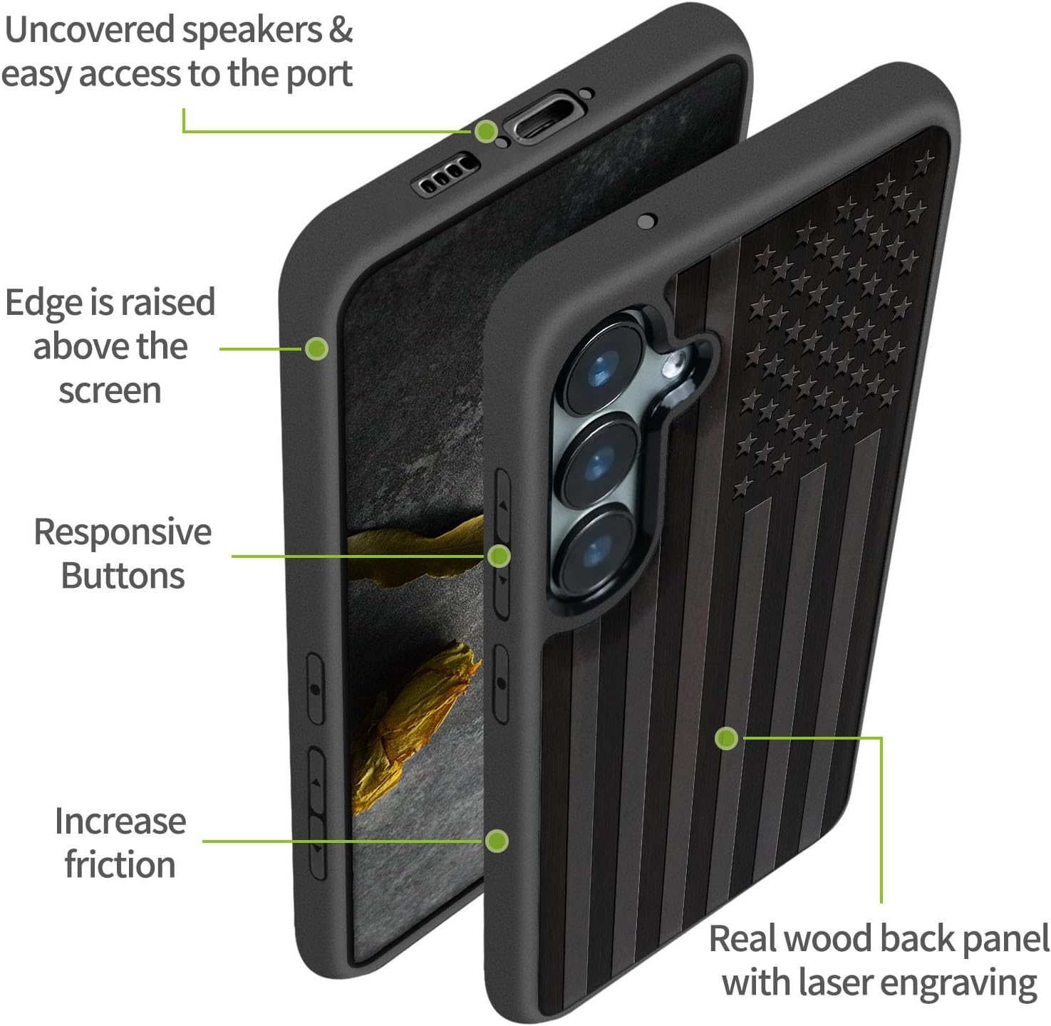 Carveit Wood Case for Galaxy S23 FE Case [Natural Wood & Black Soft TPU] Shockproof Protective Cover Unique Wooden Design Compatible with S23 FE (American Flag-Blackwood)