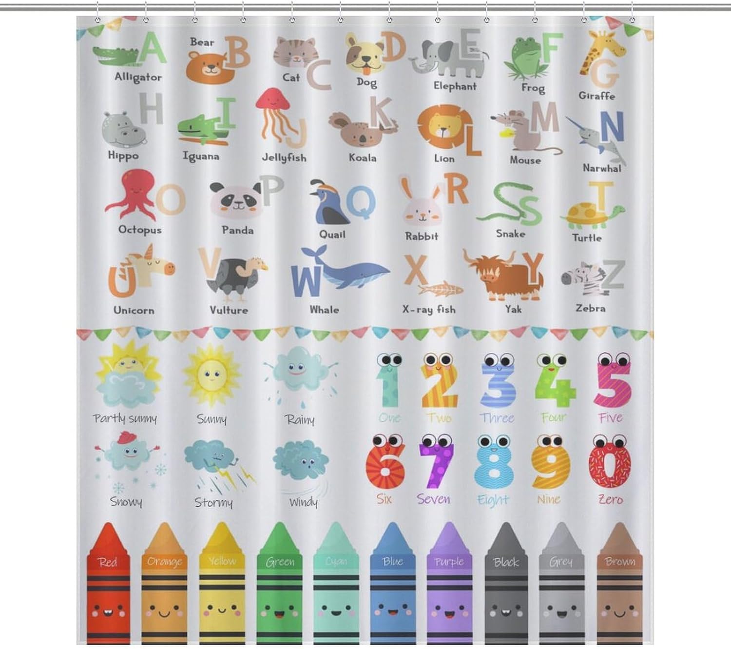 Alphabet ABC Shower Curtains for Bathroom, Children Enlightenment Cartoon Cute Animal Colorful Educational Decor Bath Drapes Set with Hooks, Waterproof Fabric Windows Treatment, 66x72in