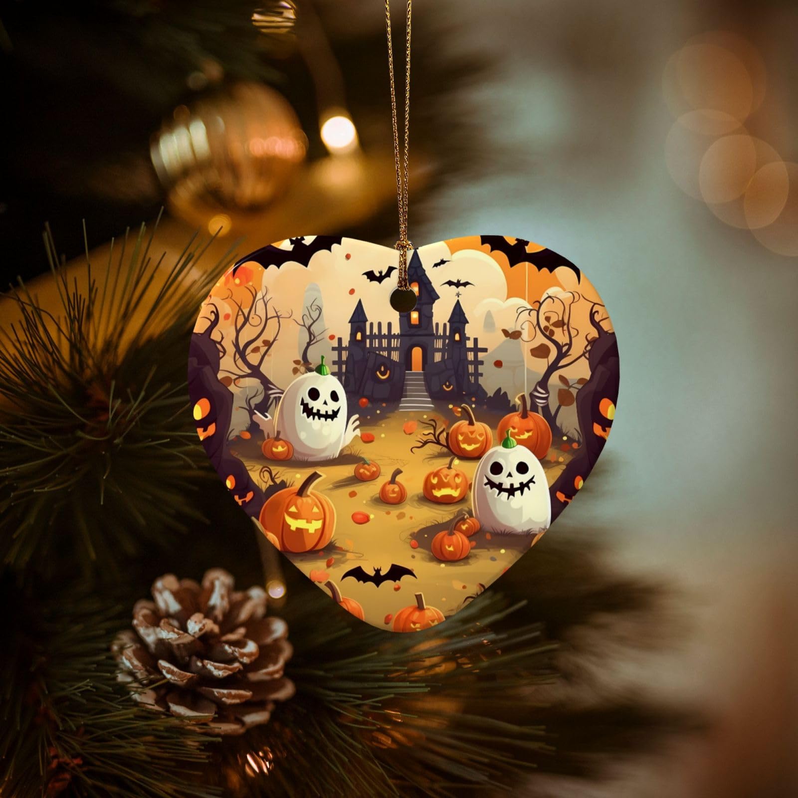 Christmas Tree Ornaments Ceramics Christmas Decorations Halloween Holiday Ornaments with Gold Ribbon Porcelain Xmas Tree Crafts Heart Shape Hanging Pendant for Christmas Tree Party Decor