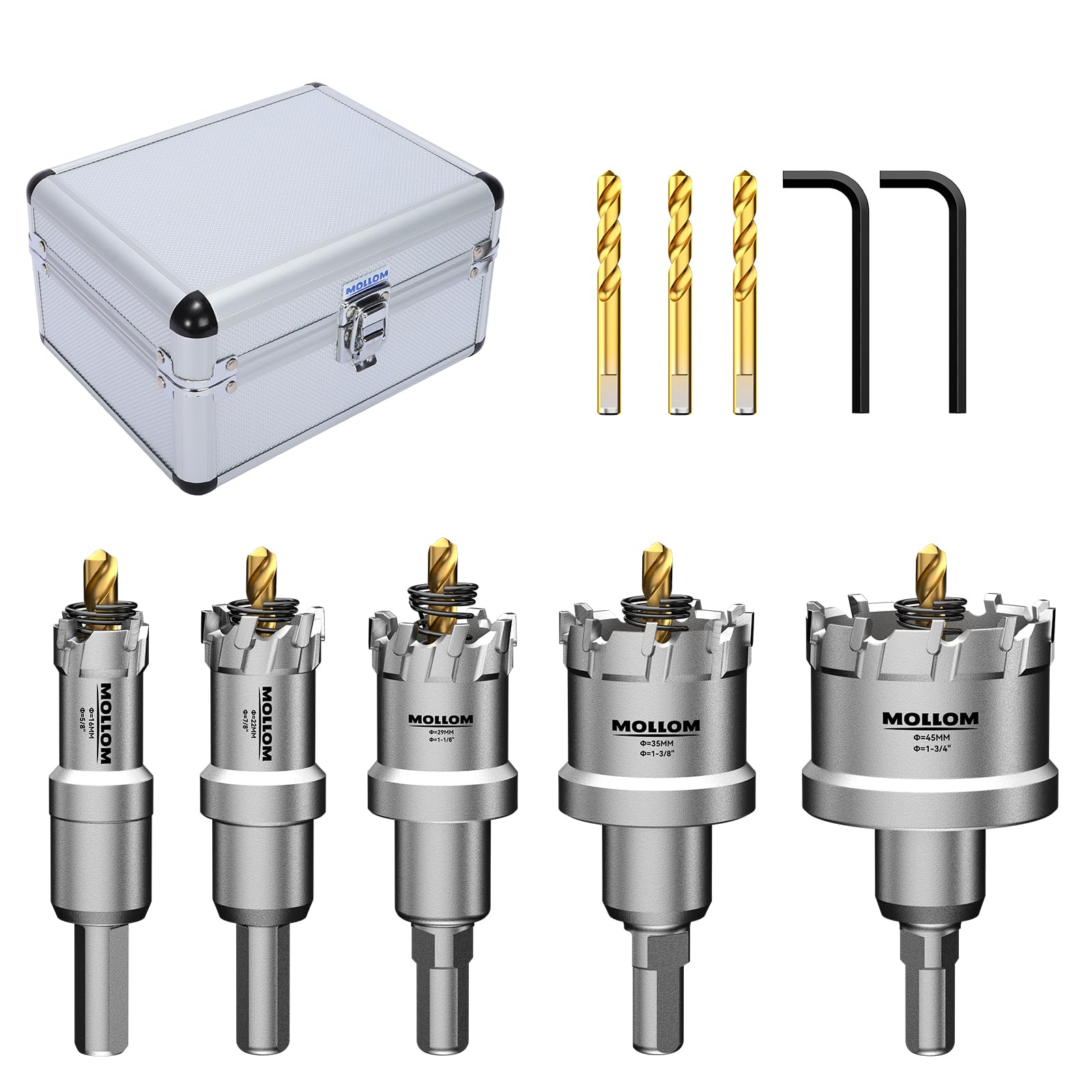 Mollom 5Pcs (16-45mm) TCT Carbide Hole Saw Kit for Hard Metal, 5Pcs Hole Cutters with 3Pcs Extra Pilot Drill bits and 1Pcs Hex Key for Stainless Steel