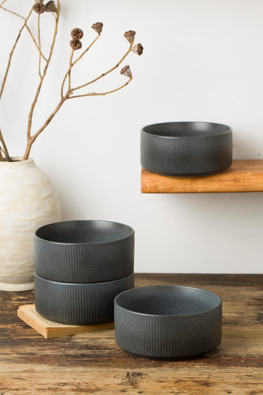 famiware 5.5" Soup Bowl Set of 6 and 4oz Dipping Bowl Set of 6 - Star Stoneware Dishes - Matte Dark Charcoal