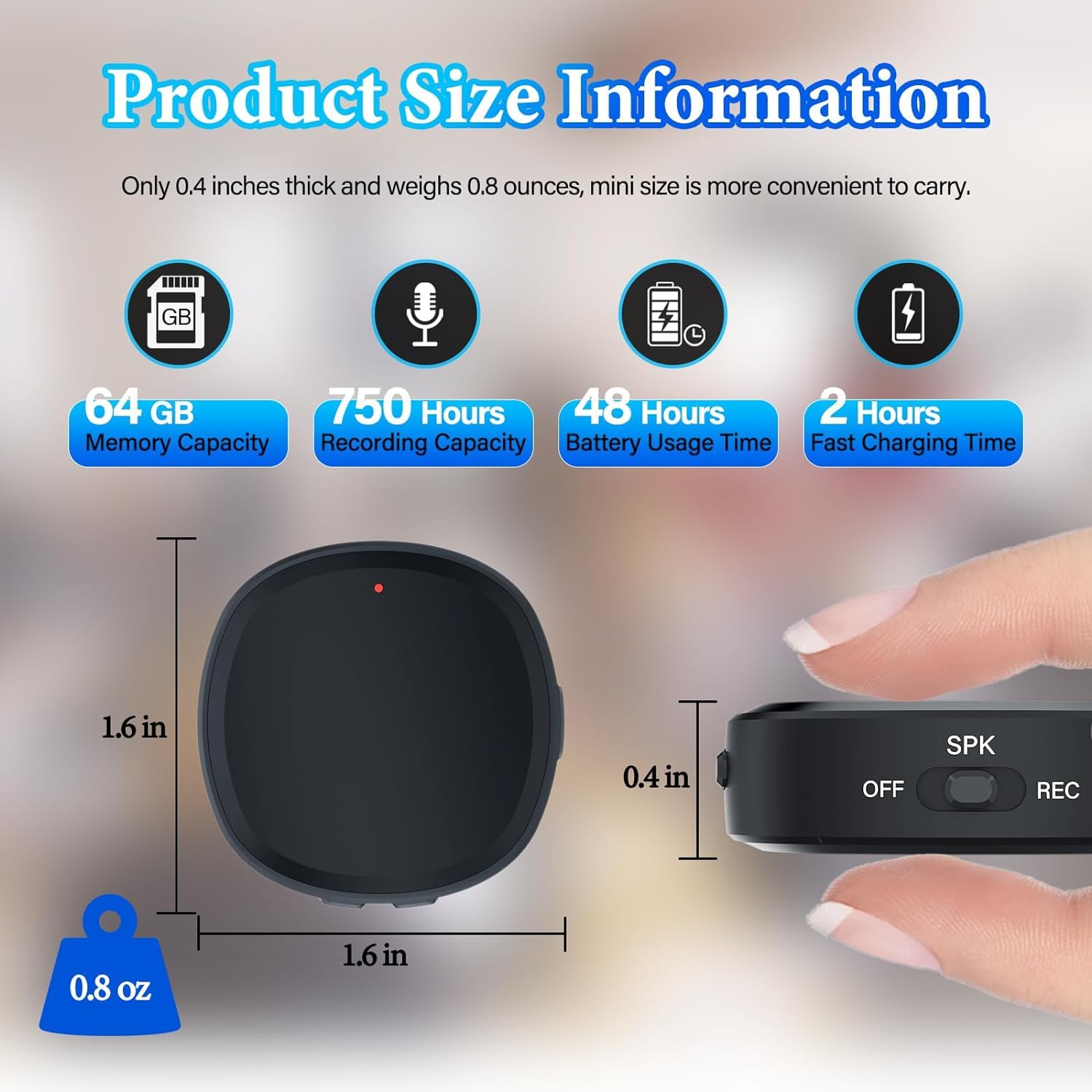 TKMARS 64GB Grabadora de Voz, Mini Magnético Grabadora Activada por Voz con 750 Horas de Grabación, MP3 Grabadora Digital USB C con Reducción de Ruido para Conferencias Entrevistas Reuniones Clase