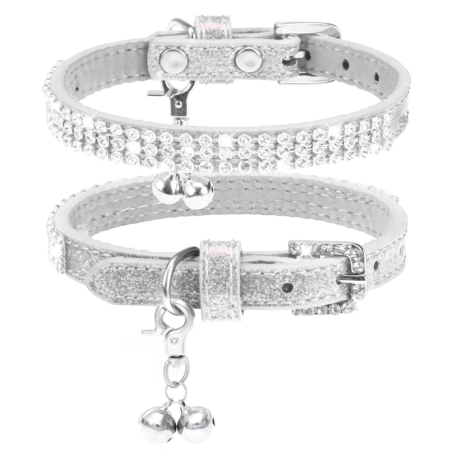 PUPTECK Basic Adjustable Cat Collar with Bling Diamond and Double Bells, for Kitten and Small Puppy, Fashion and Shining Dog Rhinestone Collars, 6-8in, Pink, Black, Red, Gold, Silver