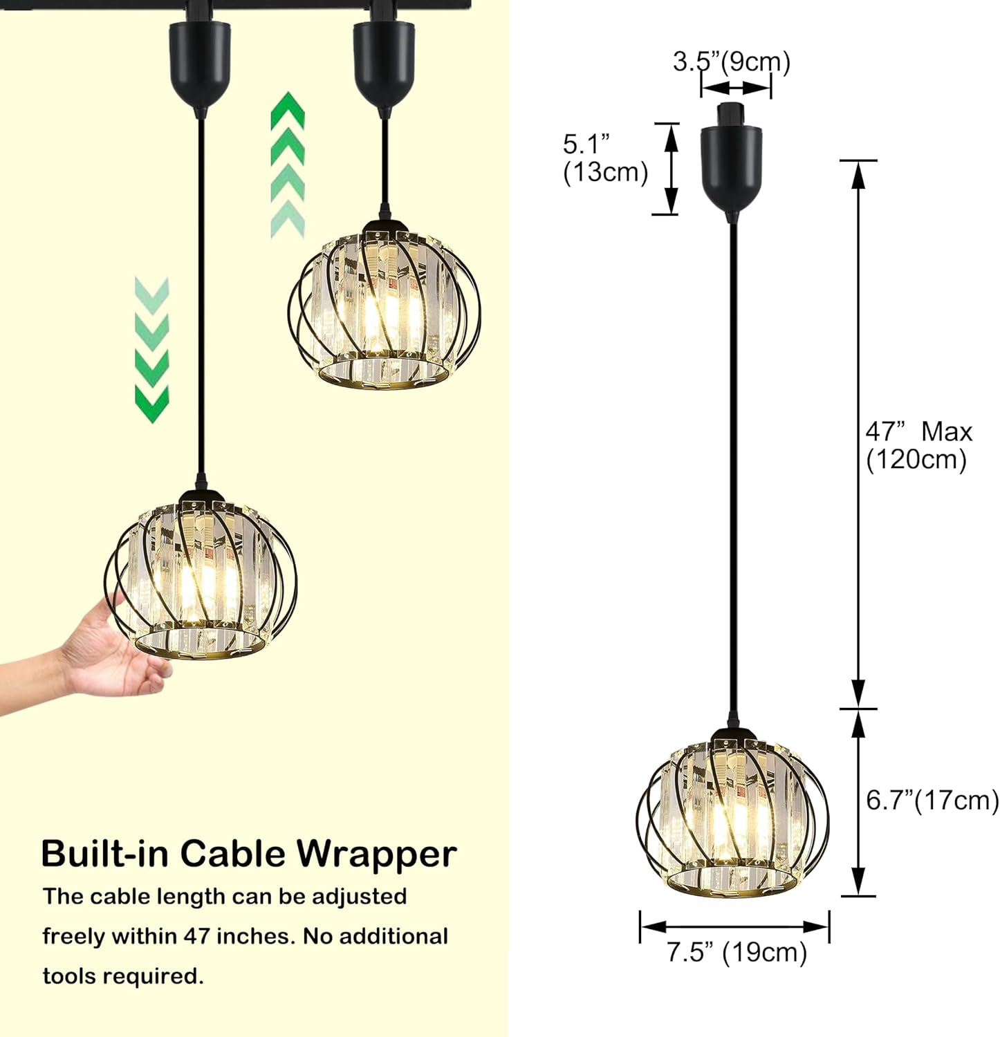 Kiven J-Type Track Lighting Pendants Adjustable Height, J Track Pendant Lights with Crystal Lampshade,Modern Decorative Track Lighting Fixture for Kitchen Hallway Restaurant Island Lighting TB2983