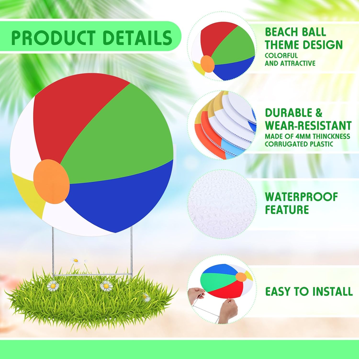 Tandefio 6 Pcs Summer Beach Balls Yard Signs with Stakes 11.8 Inch Waterproof Beach Ball Lawn Stakes Decorations for Outdoor Patio Garden Lawn Yard Party Sidewalks