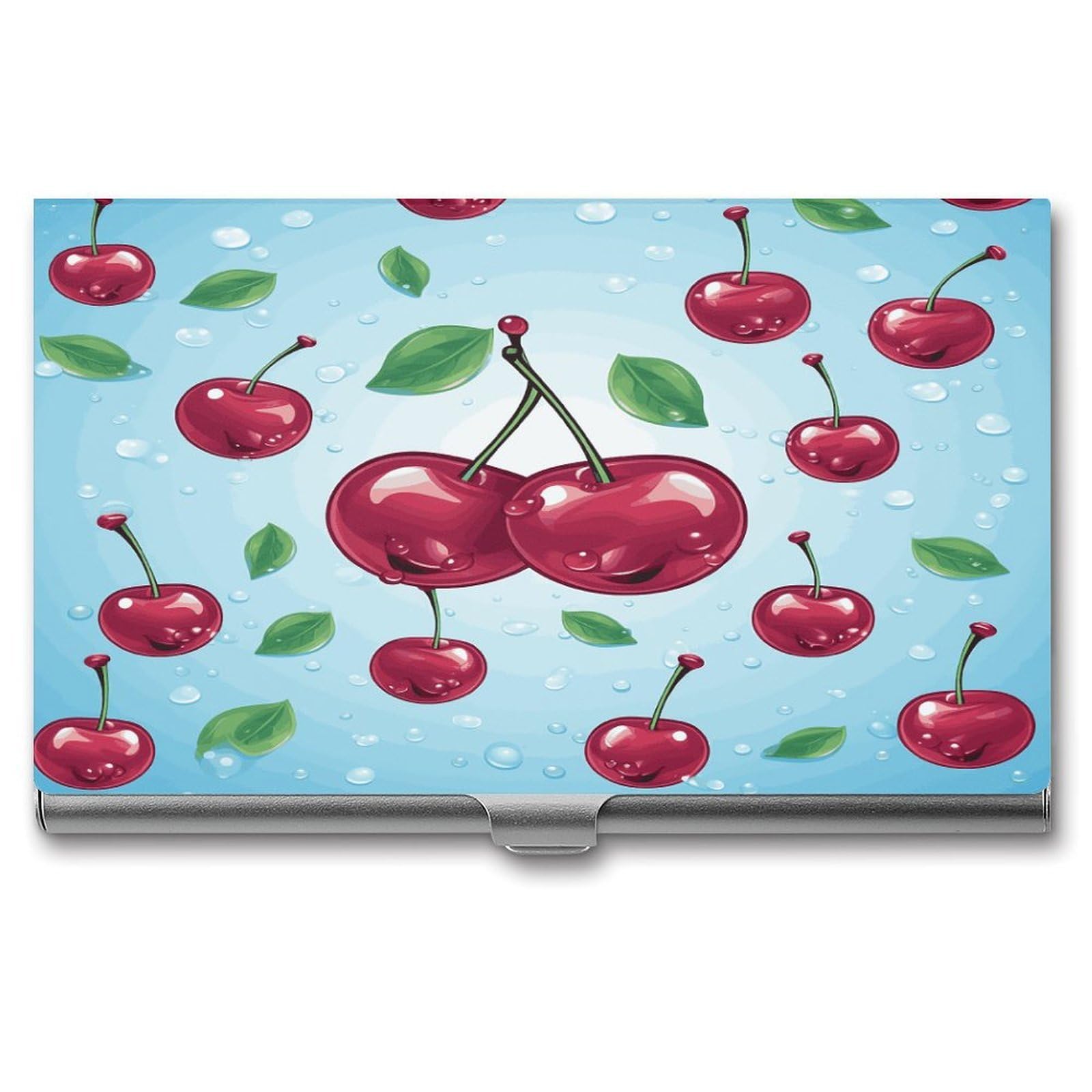 FekiLoot Cherry Business Card Holder for Men Women Metal Slim Organizer Business Card Carrier Wallet Name Cards Holder Retro Slim Pocket Purse Small Portable Card Case