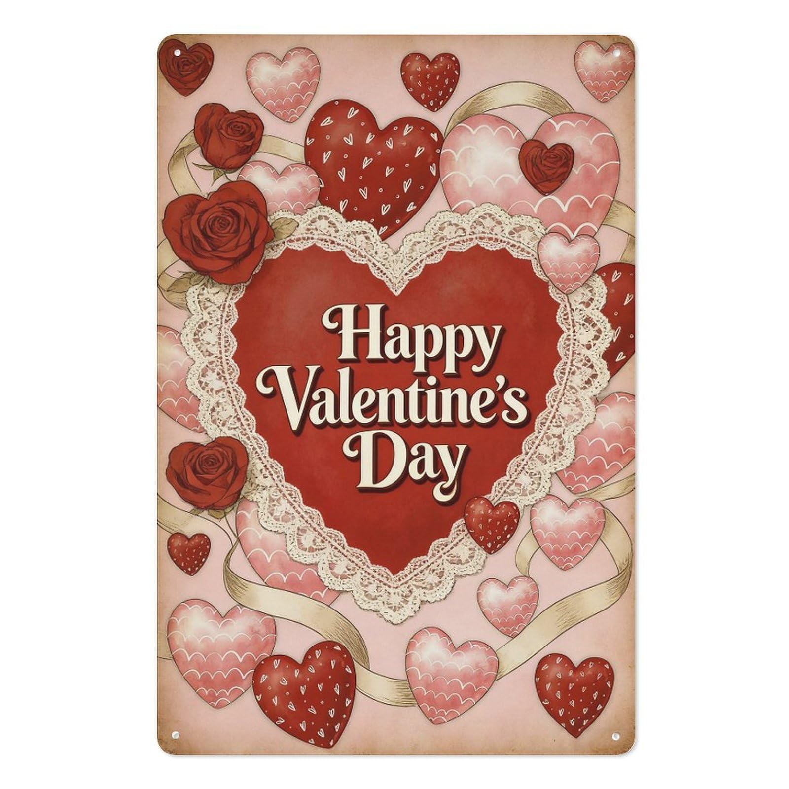 peiyeety Happy Valentine’s Day Metal Tin Sign 8x12 Inch – Vintage Lace Heart with Roses & Ribbon Wall Decor Plaque for Couples, Bedroom, Farmhouse Home, Romantic Gift