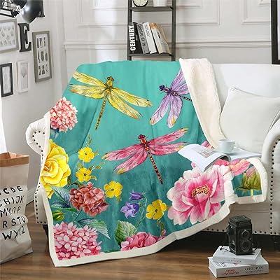 Erosebridal Dragonfly Fleece Blanket Colorful Hydrangea Blanket for Girls Women Girly,Watercolor Flowers Throw Blanket Rustic Aesthetic Animal Dragonfly Decor 50