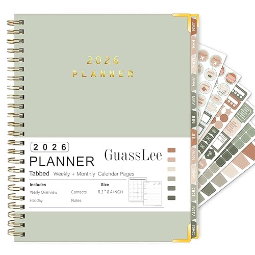GuassLee 2026 Planner - Hardcover Daily Planner from Jan 2026-Dec. 2026 - A5 Weekly & Monthly Calendar Agenda Organizer Book with Stickers, Back Pocket, Coated Tabs - 8.4"x 6.1", Off White