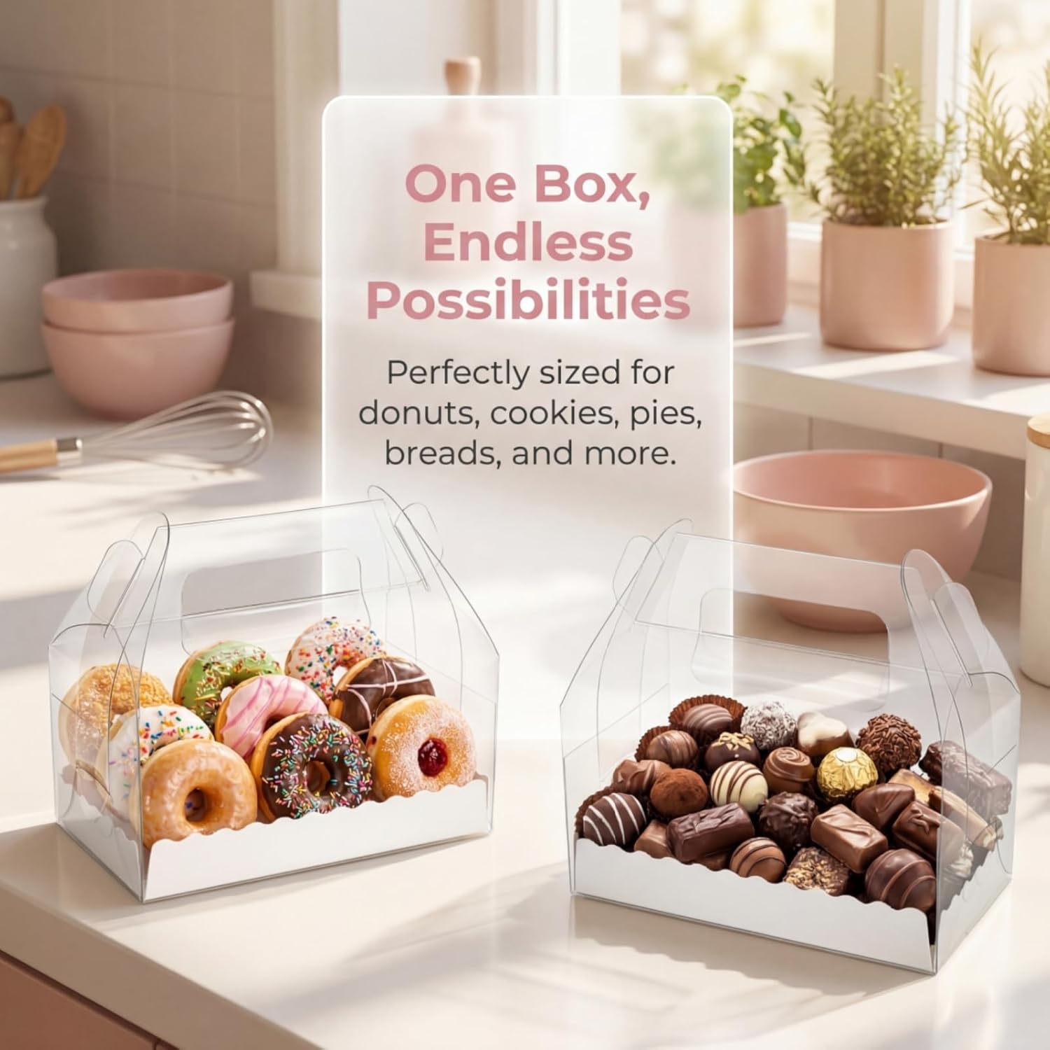 40 Pack Clear Gable Bakery Gift Box, Candy Treat Boxes with Handle, Party Favor Treat Dessert Cookies Container for Birthday Wedding Baby Shower, 6.4''L x 3.5''W x 3.3''H