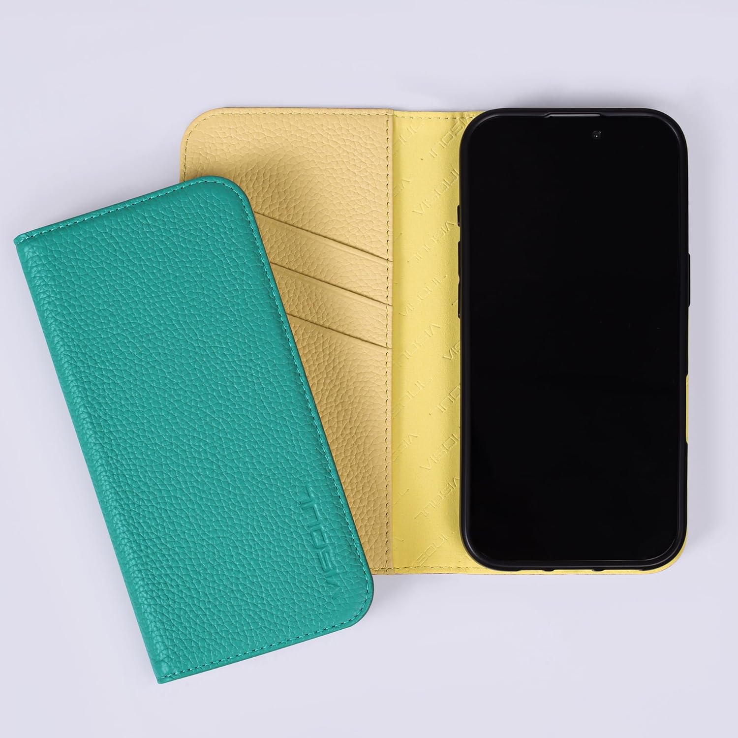 VISOUL Pebbled Real Leather Wallet Case for iPhone 16 Pro with Card Holders, Genuine Leather Flip Folio Cover with Kickstand Shockproof Designed for iPhone 16 Pro (6.3")-Verona Green+Yellow