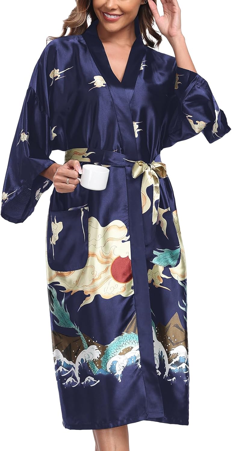BestWendding Women's Satin Kimono Robes Floral Patterned Long Bathrobe Silky Dressing Gown Bridesmaid Robes with 2 Pockets - Image 3