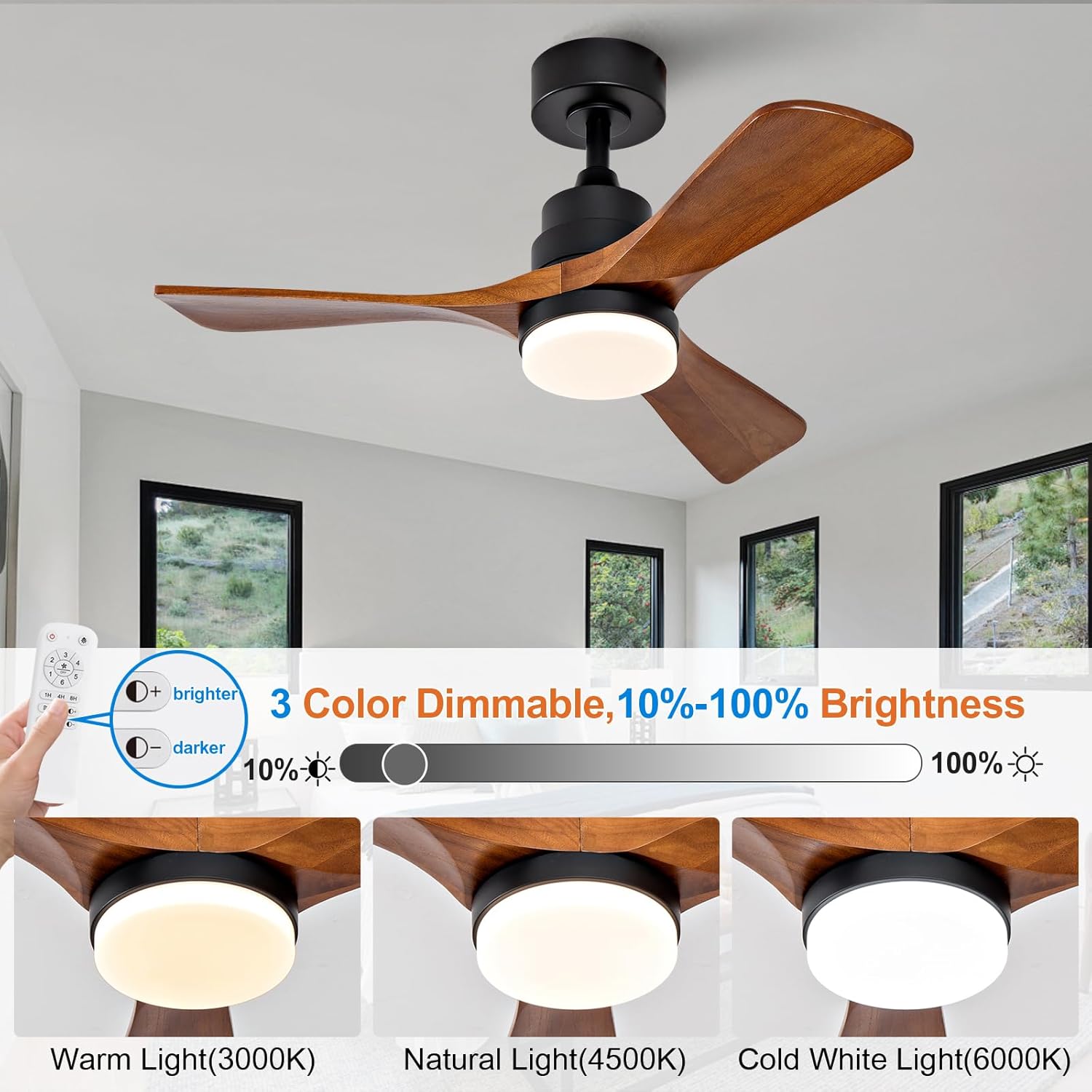 BOJUE 36 Inch Black Ceiling Fans with Lights and Remote,Dimmable LED Light,Quite Reversible DC Motor,Memory Function,Modern Solid Wood Indoor Outdoor Ceiling Fan with Light for Office Patios Black Walnut 36 inch