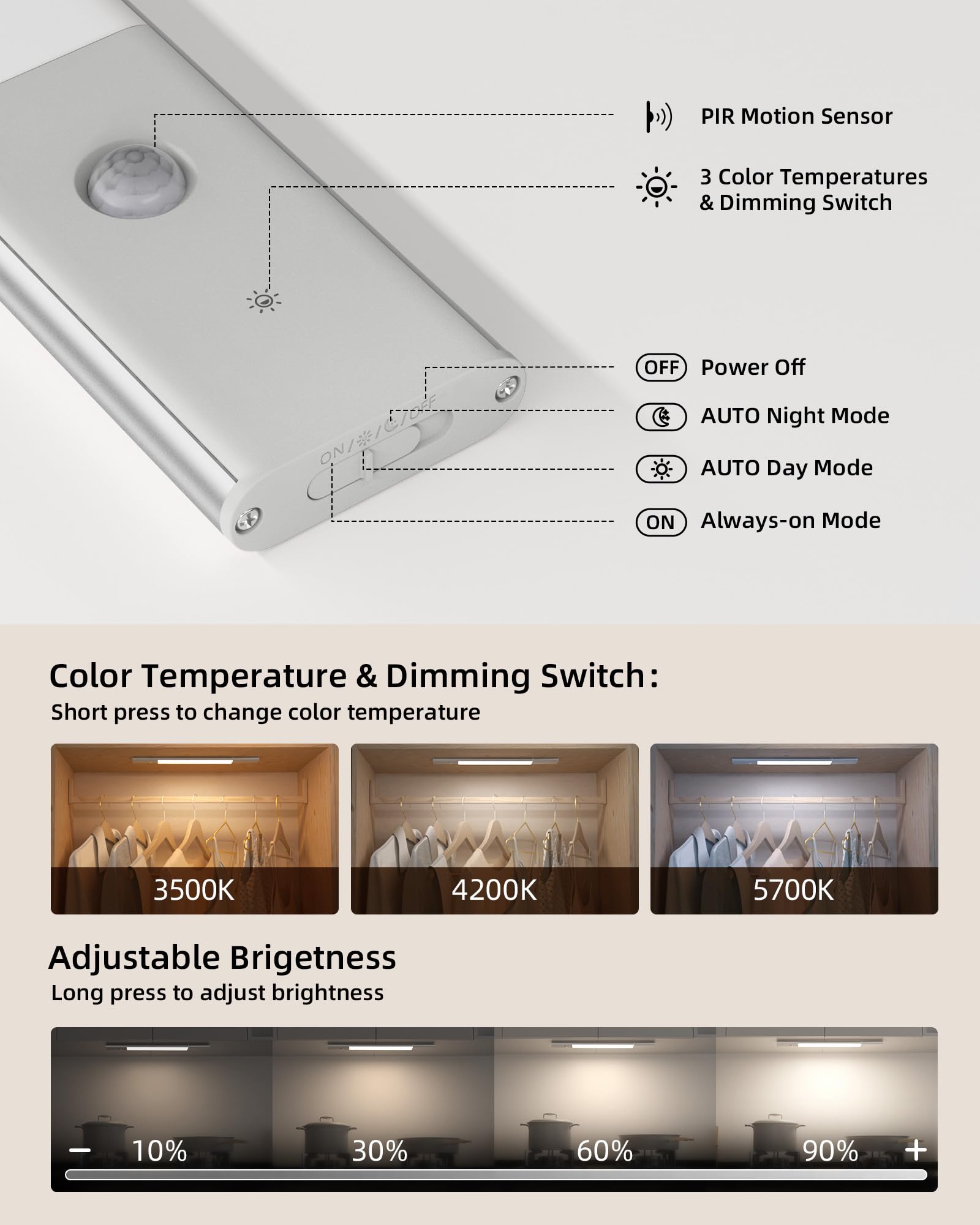 EZVALO 38CM LED Sottopensile Cucina Luce da Armadio Wireless con Sensore di Movimento Interno, Batteria Rimovibile da 2200mAh, 3 Colori Dimmerabili per Scale, Cucina, Armadi (2 pezzi)