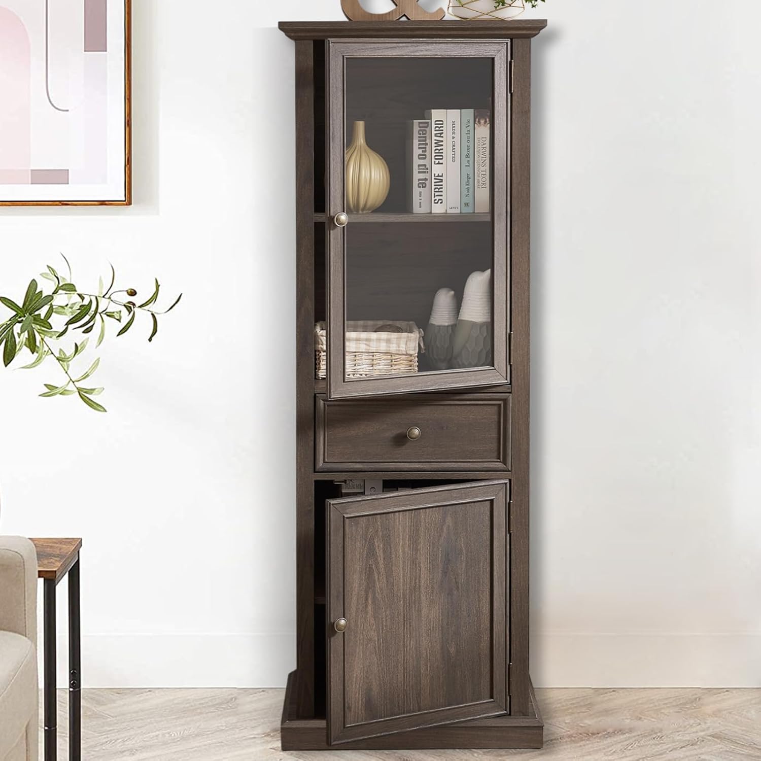 Tall Bookshelf with Storage & Drawers - Freestanding Cabinet with Glass Door & Adjustable Shelves for Living Room, Bedroom, Home Office - Kitchen Pantry & Storage Cabinet (Brown)