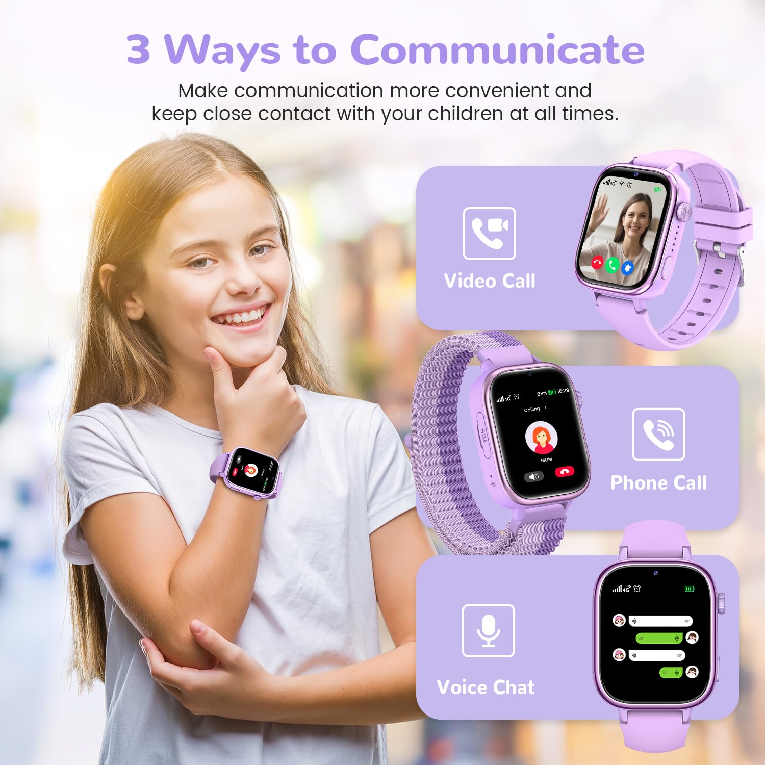 SWGOTA 4G Smartwatch Bambini con GPS e Telefono, Orologio Smartwatch Bambini con Videochiamate, Messaggi, modalità Scuola, SOS, Impermeabile IP68, Contapassi - Regalo per Ragazzi e Ragazze (Viola)