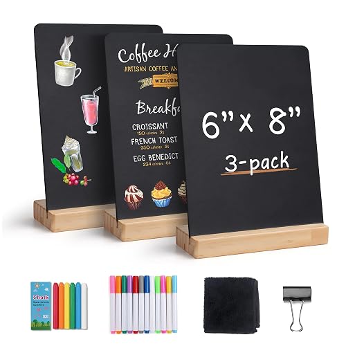 SELEAD Small Chalkboard Words Sign - 3 Pack 6x8 Inch Tabletop Decorative Chalk Board with Wooden Stand, Mini Double-Sided Erasable Message Menu Board for Food, Business, Wedding, Party
