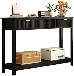 RUSTOWN Farmhouse Wood Console Table with 3 Drawers, Curved Profile Entryway Table with Storage Shelves and Open Storage Shelf, Modern Sofa Table with for Living Room, Foyer and Hallway (Natural Wood)
