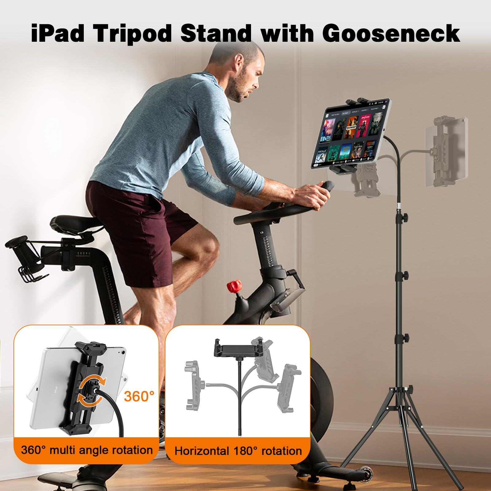 Support pour Tablette, Réglable en Hauteur Jusqu'à 175cm Trépied pour Tablettes, Support de Tablette avec Col de Cygne, Trépied pour iPad Pro/Air/Mini 4.7"-13.5" Tablettes.