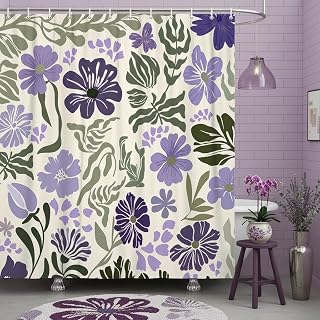 Boho Floral Botanical Shower Curtain, Cute Purple Abstract Mid Century Morden Flowers Leaves Plant Bathroom Curtain, Spring Summer Retro Funky Aesthetic Bathroom Decor Shower Cutain Sets, 70X70IN