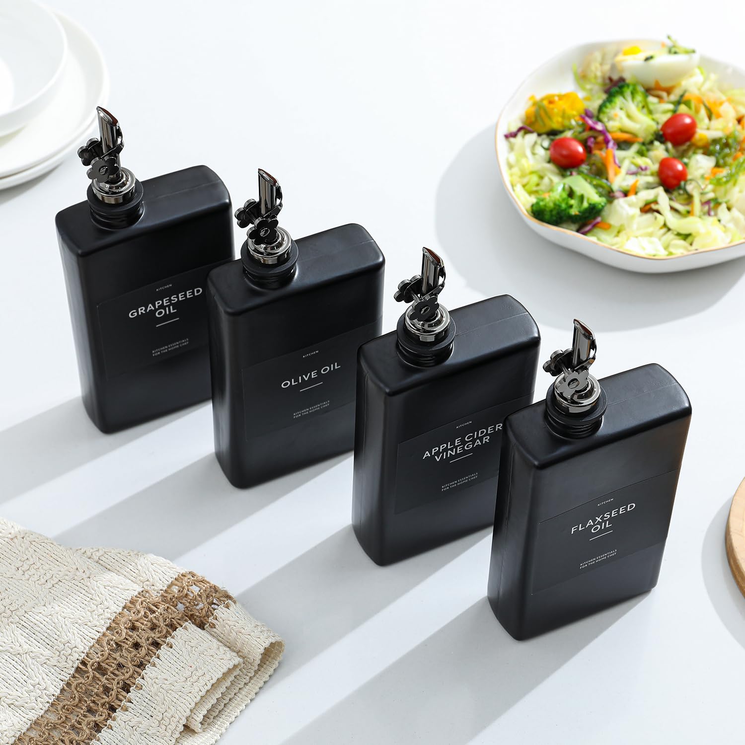 HOMCDALY Olivenölspender für die Küche, 340 ml, Glas-Küchenspenderflasche, schwarzes Öl- und Essig-Menage-Set, auslaufsicher, Olivenöl zum Kochen, 2 Stück (340 ml, Schwarz)