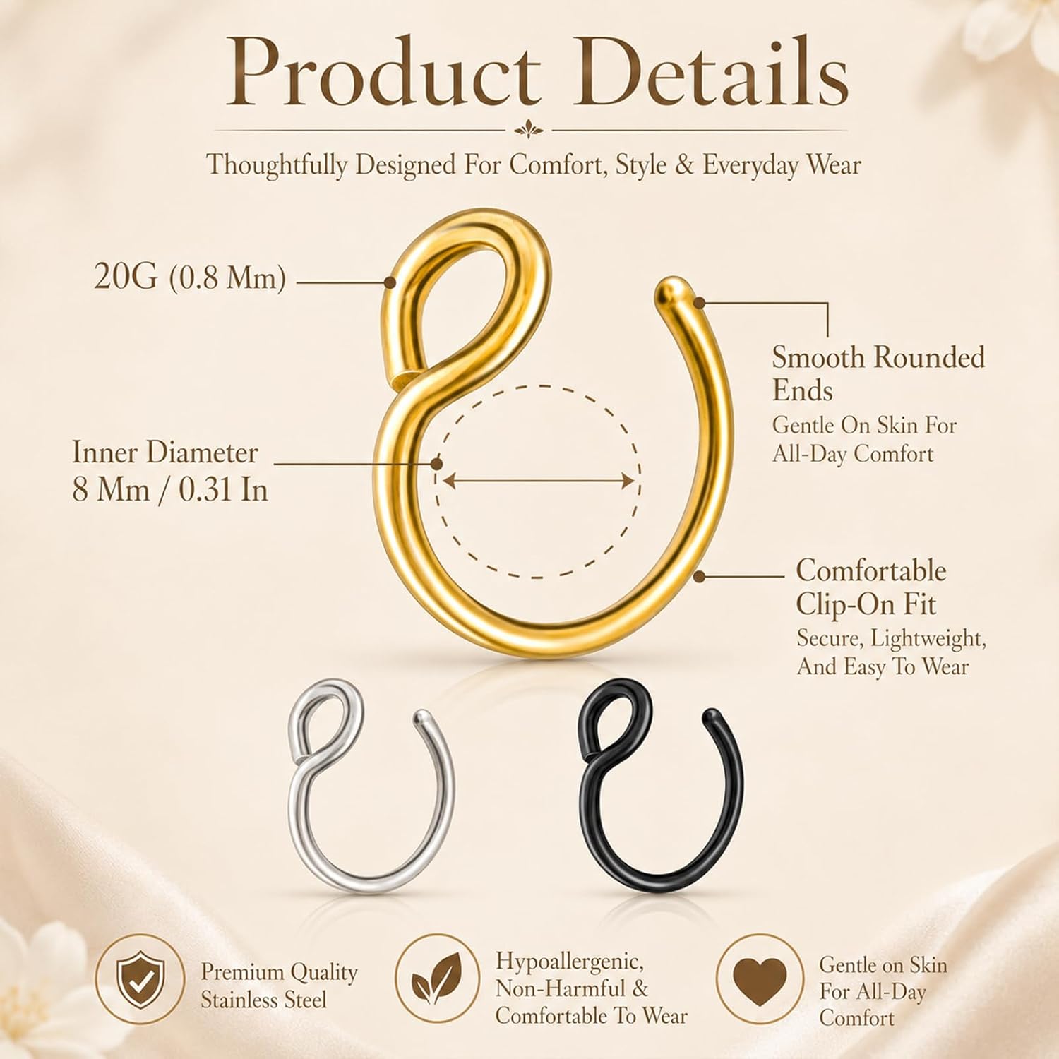 DIVINA VITAE 9 Pcs Faux Nose Piercing 20G Fake Nose Ring Hoop 8mm Clip On Non Piercing Lip Rings Stainless Steel No Pierced for Women Men Silver Gold Black