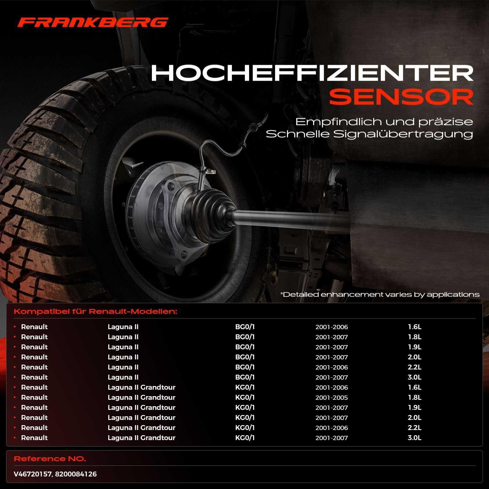 Frankberg Capteur de vitesse de roue ABS arrière gauche/droite 2 broches | Compatible avec: Laguna II Grandtour KG0/1, Laguna II BG0/1