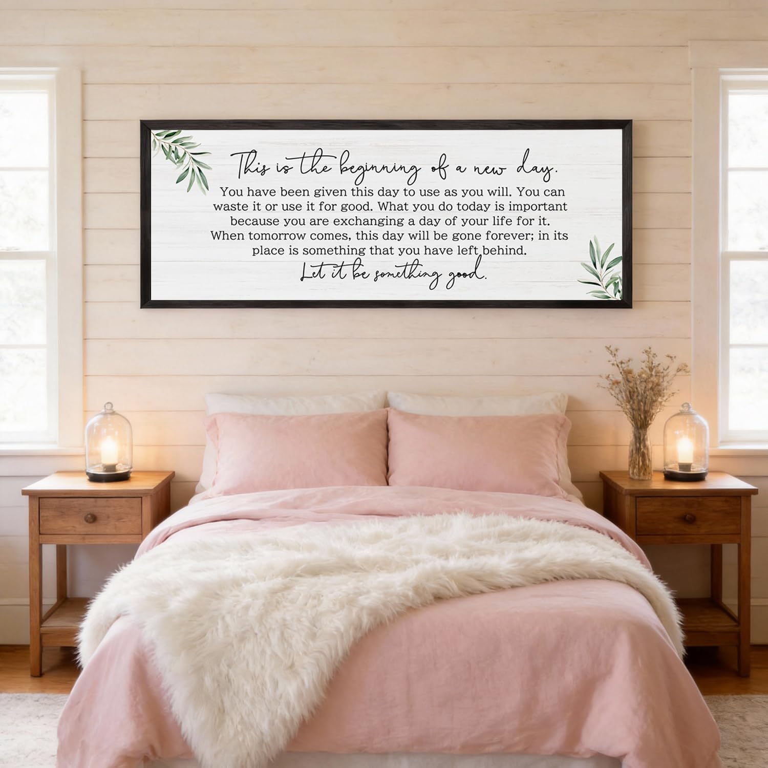 The Beginning of a New Day Wall Art – 40x15 Inch Wooden Framed Inspirational Sign with Motivational Message, Large Rustic Wood Frame Wall Decor for Living Room, Office, Entryway, Black