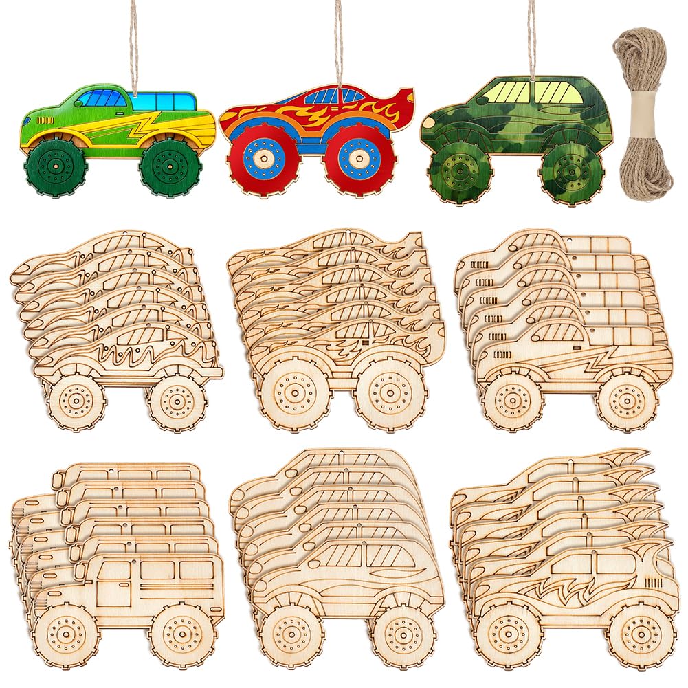 UNICRAFTALE 36Pcs 6 Styles Wood Truck Cutouts Unfinished Wooden Vehicles Hanging Ornaments Truck Embellishments with String DIY Animal Craft Gift Tags for Home Party Decoration Craft Project โ image 1