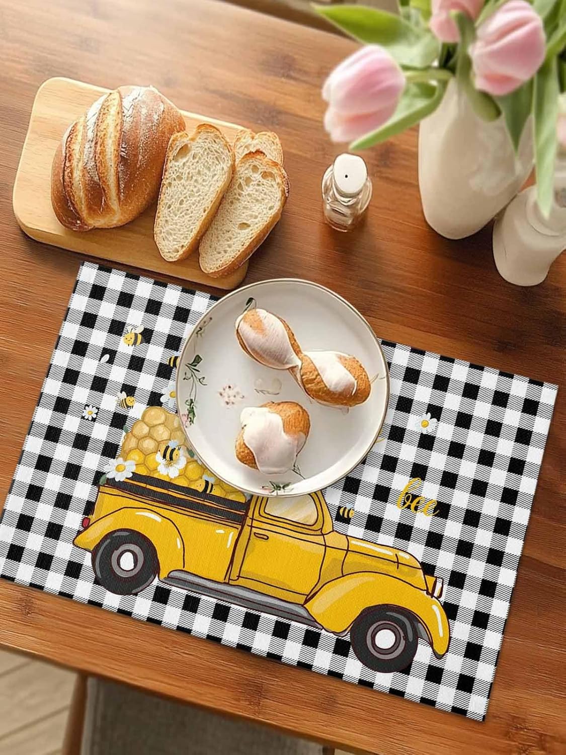 LooPoP Placemats Set of 6 Washable,Sweet Honey Bee Placemat for Dining Table Decorations, Heat-Proof Table Mats for Kitchen Dinner Banquet Summer Bee Yellow Truck Black and White Plaid