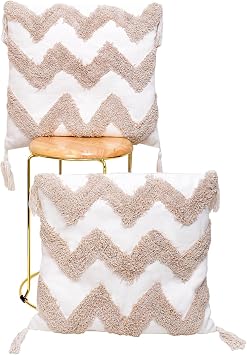 Perilla Home Textured Throw Pillow Covers-Set of 2 Decorative Tufted 18" x 18" Square Cushion Covers for Couch Sofa Office Bedroom Decor Beige Zig Zag Stripe