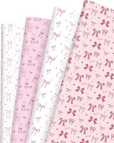 Pineraap 12 hojas de papel de regalo de lazo rosa, papel de regalo con lazo de Martini, papel de manualidades plano plegado con lazo rosa para baby