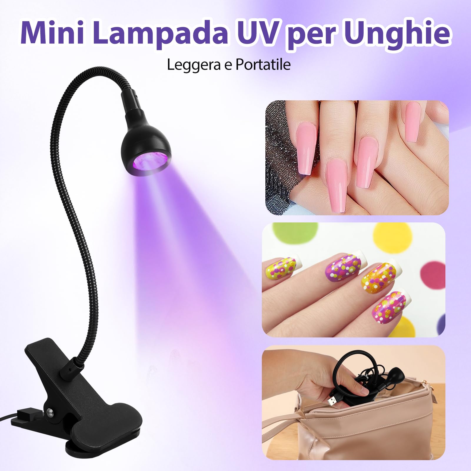 Lampada UV LED Unghie, 5W Mini Lampada Unghie, Portatile Lampada UV con Clip, 360° Testa Regolabile, Regolabile per Gel, Resina e Colla UV, con USB (Nero)
